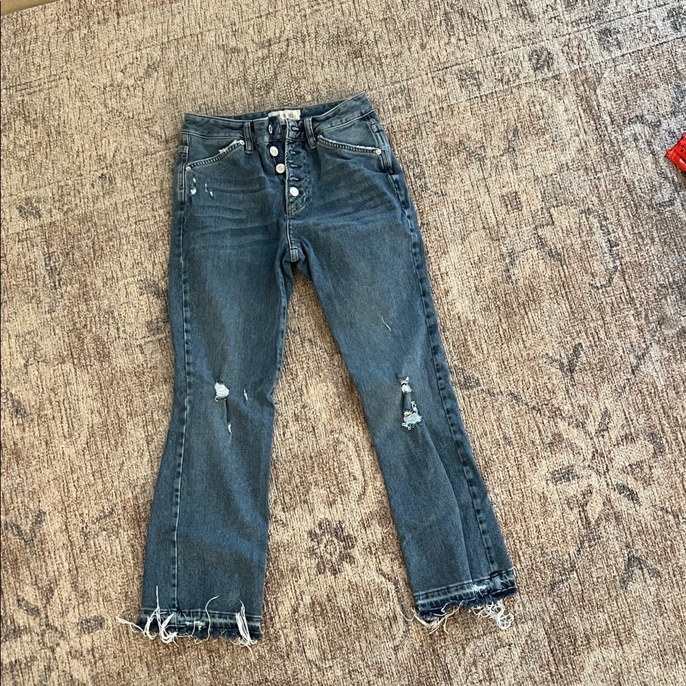 We The Free Dark Blue Distressed Straight Leg Jeans